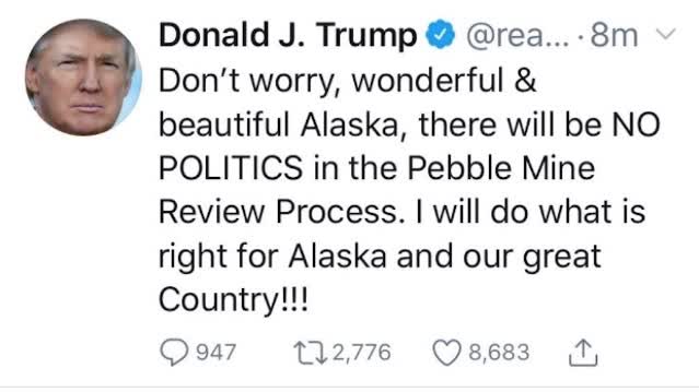 Trump tweets: 'No politics in Pebble decision' - Must Read Alaska