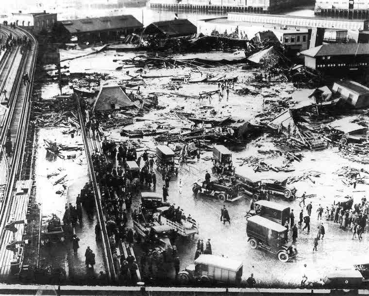 The Great Boston Molasses Flood of 1919 killed 21 after 2 million gallon tank erupted