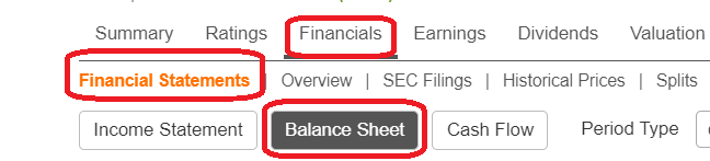 Balance Sheet button on Seeking Alpha Symbol Page