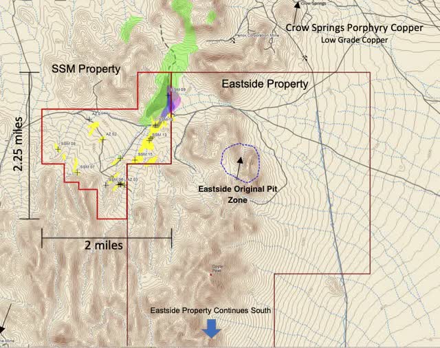 A map showing the additional claims optioned in July 2021 to the west of the Eastside deposit