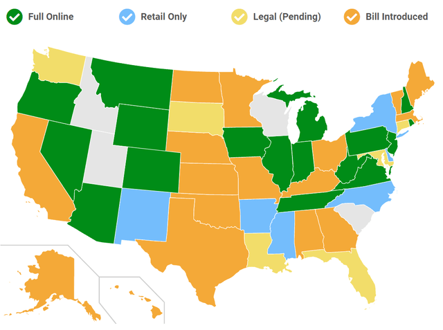 Map of sports betting legality in the US