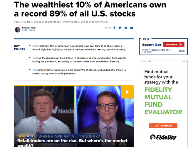 CNBC article titles The Wealthiest 10% of American own a record 89% of all U.S. stocks
