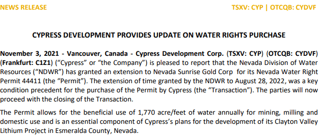 Cypress Development update in water rights purchase 
