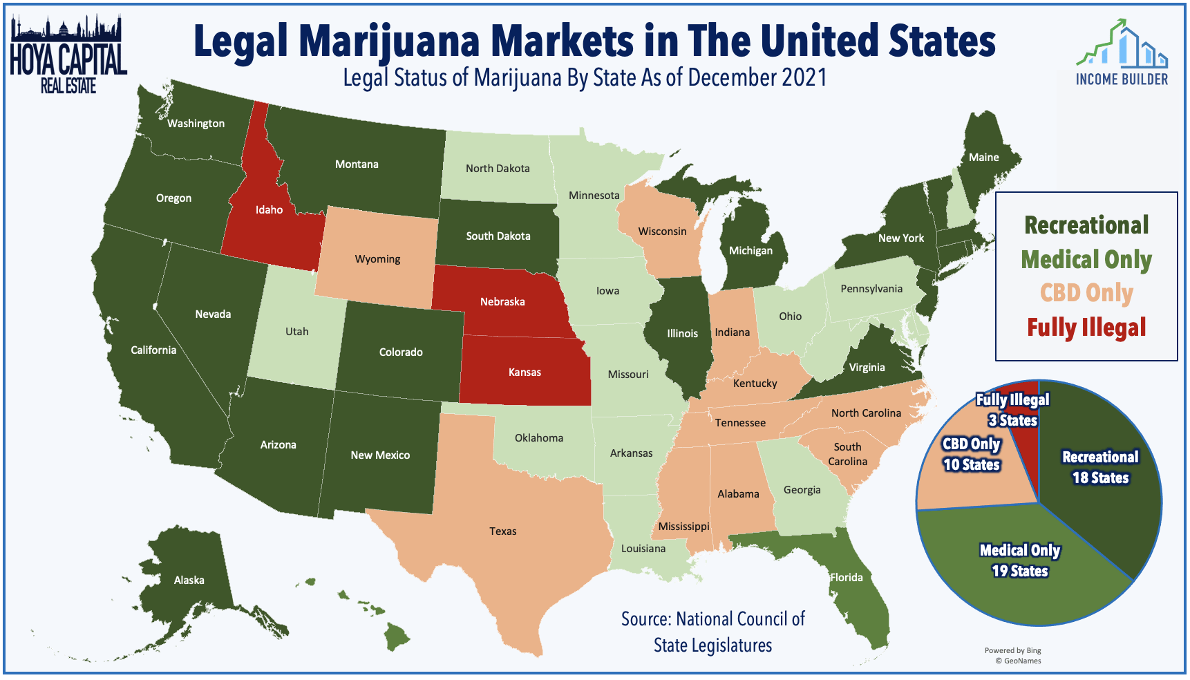 Map of U.S., showing various states of legalization