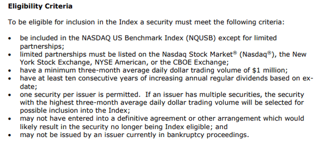 NASDAQ US Broad Dividend Achievers Index Eligibility Criteria