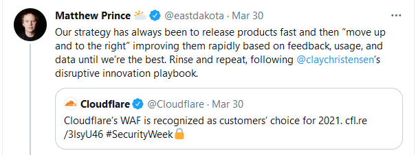 Cloudflare stock NET Matthew Prince Twitter Innovation Clayton Christensen