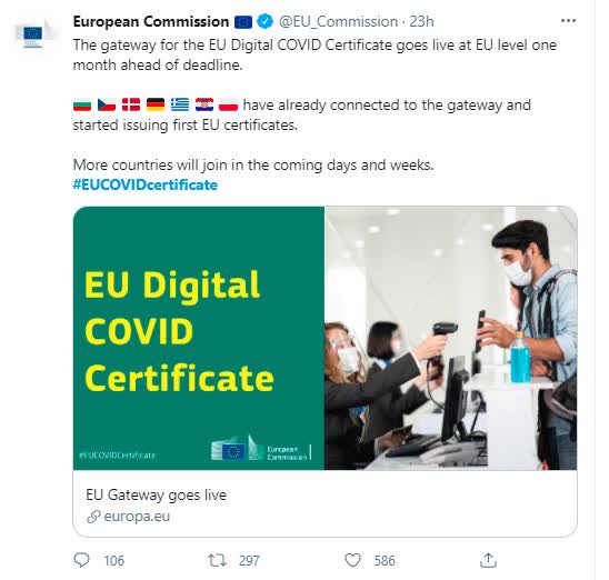 European countries roll out digital Covid certificate to ease travel NYT (NYSEPFE) Seeking