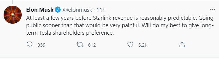 Elon Musk: Starlink won’t stage IPO for a few years' (NASDAQ:TSLA