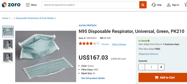 N95 disposable respirator price Zoro