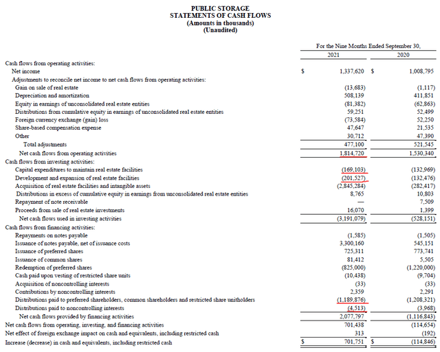 Public Storage cash flow statement covering the first three quarters of 2021