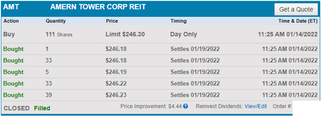 The trade confirmation from our purchase of American Tower