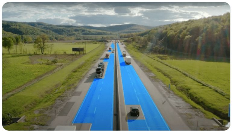 cars on a highway with the drivable area identified