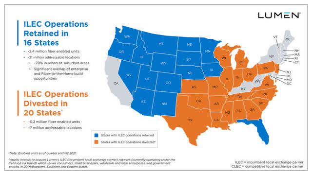 A map showing that Lumen is divesting its ILEC operations in 20 states, mainly in the Midwest and South.
