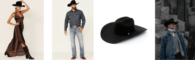 مدل‌هایی که از پوشاک و لوازم جانبی Boot Barn از جمله کلاه‌های غربی استفاده می‌کنند