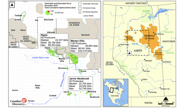 Maps showing the Clearwater heavy oil play and the Peace River, Athabasca, and Cold Lake oilsands play in the Western Canadian Sedimentary Basin