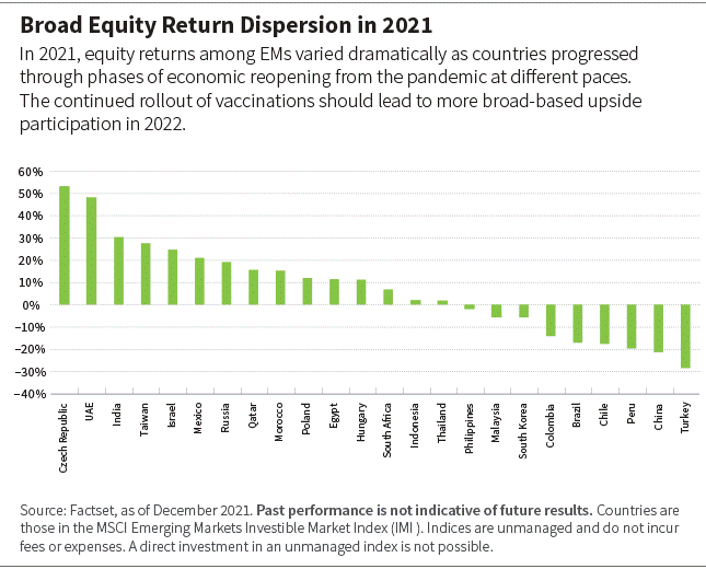 Equity returns among emerging markets varied dramatically in 2021.