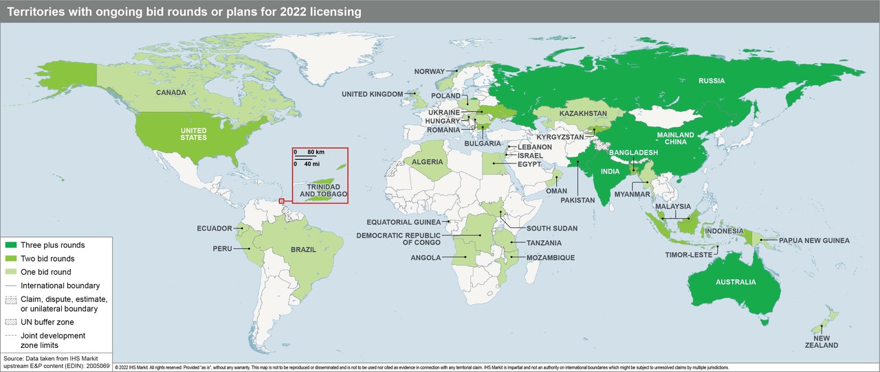 Territories with ongoing bid rounds or plans for 2022 licensing