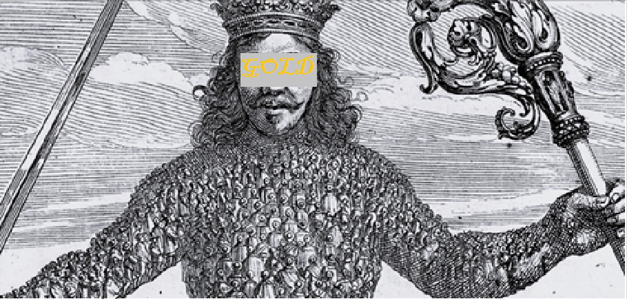 The image of Hobbes's Leviathan with gold emblazoned over his face.