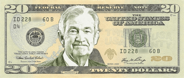 Disclaimer: Fed Chairman Jerome Powell pictured on mock bill.