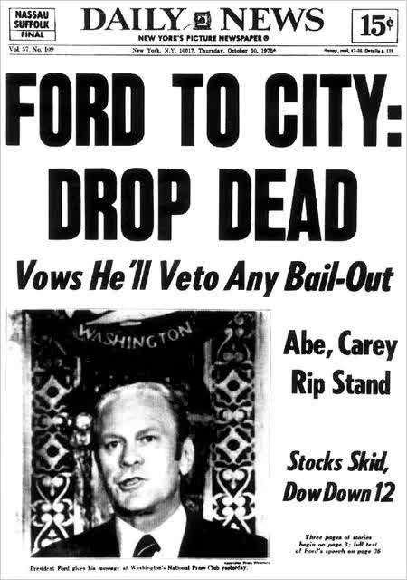 newspaper clip: "Ford to City: Drop Dead"