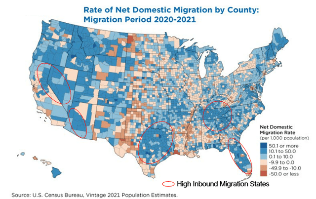 Map highlighting domestic migration rate for Sun Belt states