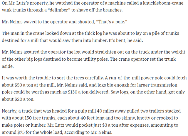 Screenshot of WSJ article outlining wood harvest values