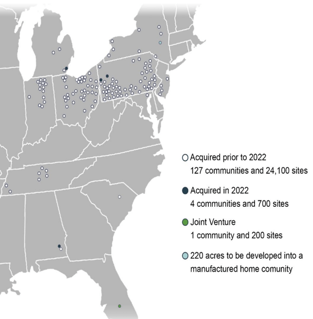 map of U.S. east of Mississippi River, showing UMH assets concentrated in Pennsylvania, Ohio, Indiana, and upstate New York, with small clusters in Michigan and Tennessee