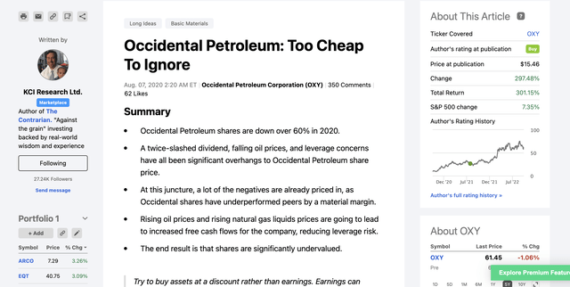 Screenshot of author's August 7th, 2020 Seeking Alpha article on Occidental Petroleum (<a href='https://seekingalpha.com/symbol/OXY' _fcksavedurl='https://seekingalpha.com/symbol/OXY' title='Occidental Petroleum Corporation'>OXY</a>).