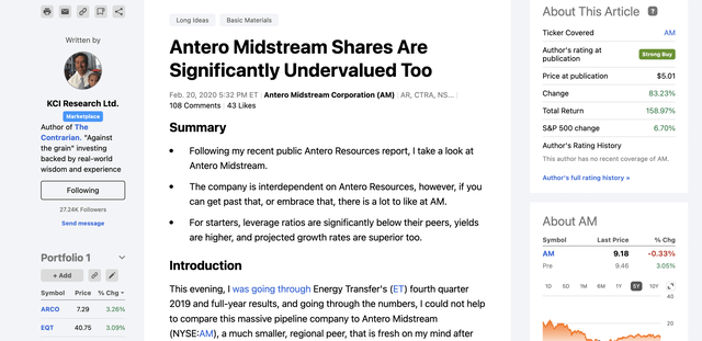 Screen snapshot of author's February 20th, 2020 article on Antero Midstream (<a href='https://seekingalpha.com/symbol/AM' _fcksavedurl='https://seekingalpha.com/symbol/AM' title='Antero Midstream Corporation'>AM</a>).