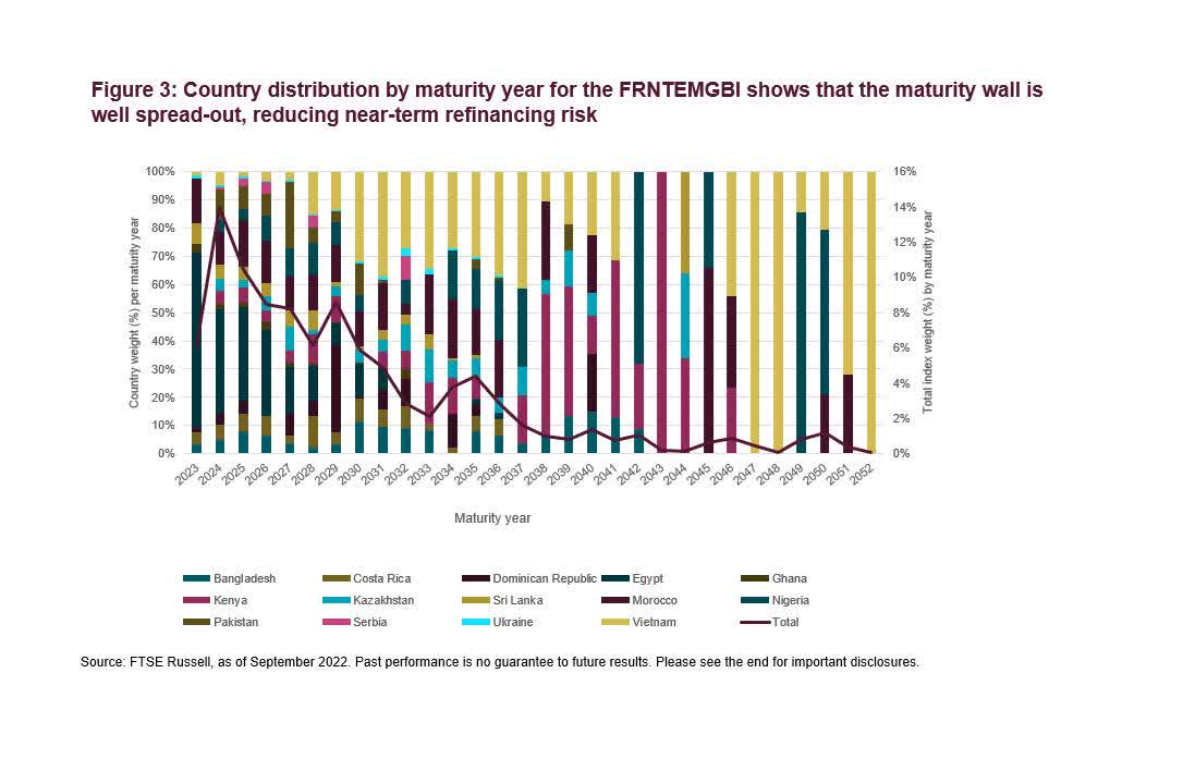 bar chart: country distribution by maturity year for the FRNTEMGBI