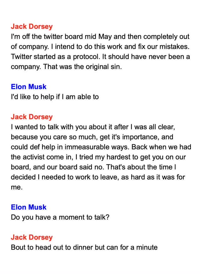 Jack Dorsey and Elon Musk Text Messages 1