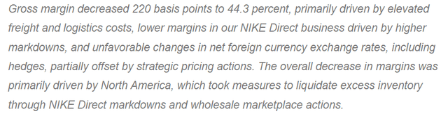 Nike's gross margin decrease