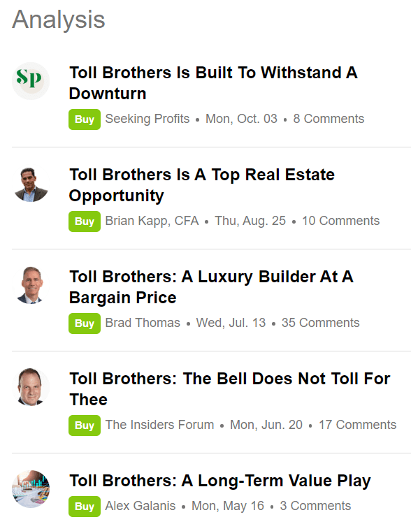 Recent positive articles on Toll Brothers