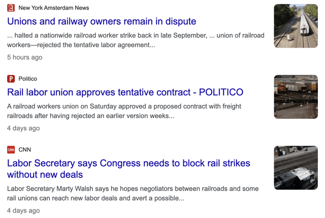 Screenshot of railroad union headlines