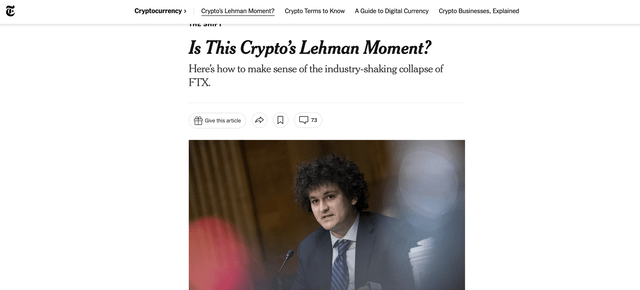 Artículo del New York Times titulado "¿Es este momento Lehman de Crypto?"