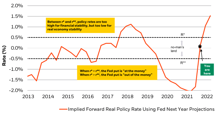 Chart: The financial stability real interest rate (r**) vs the long run neutral real-economy policy rate (r*)