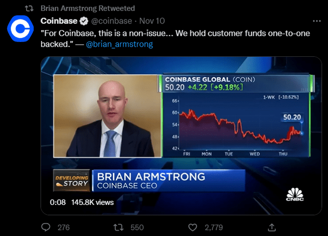 Brian Armstrong CEO Coinbase - FTX Bankruptcy