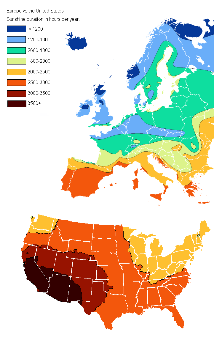 Europe vs the United States Sunshine duration in hours per ...