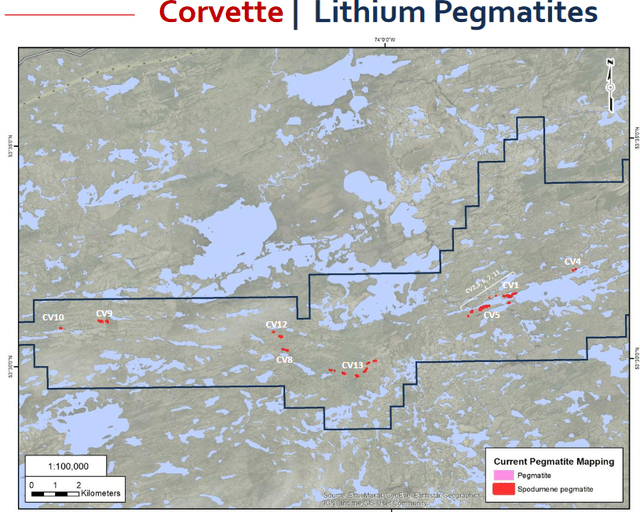 Patriot's Corvette Lithium Project tenement showing the CV pegmatite discoveries to date