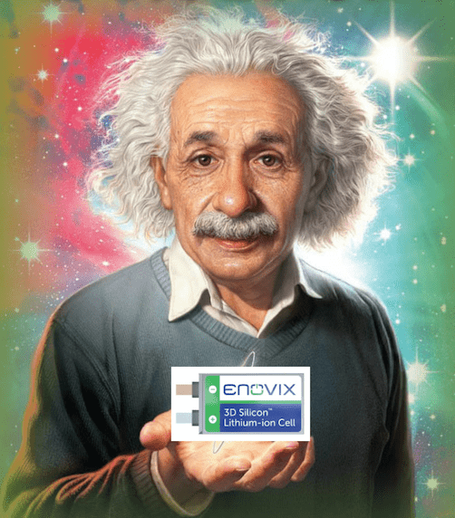 Albert Einstein holding Enovix 3D 100% Active Silicon Lithium-ion Cell Lightyears Ahead of Competition