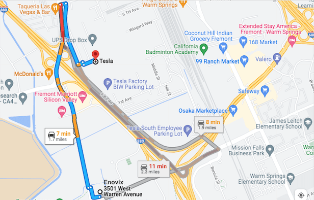 Google Maps giving directions from Enovix to Tesla in Fremont, California.