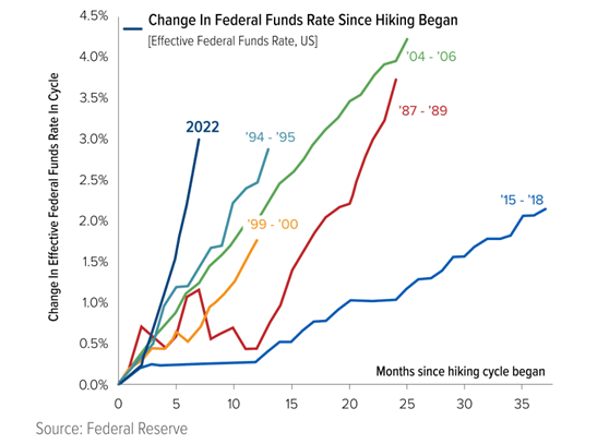 The chart shows the unprecedented pace at which the FOMC is raising rates to get high inflation under control.