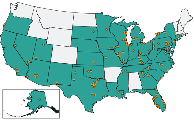 map of U.S., showing assets spread across 37 states, mostly in the eastern and southern halves