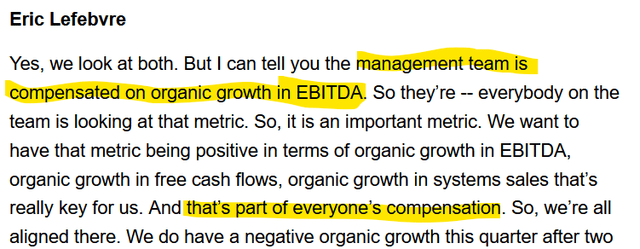 Compensation linked to organic EBITDA growth