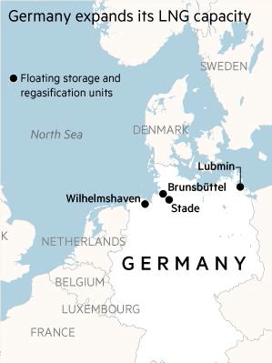 Map showing location of Germany's floating storage and regasification facilities for LNG
