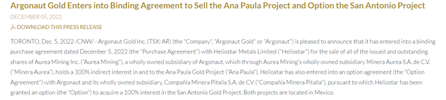 Argonaut Gold - Non-Core Asset Sales
