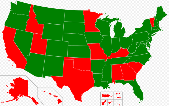 Map of all states and territories that ban sports betting