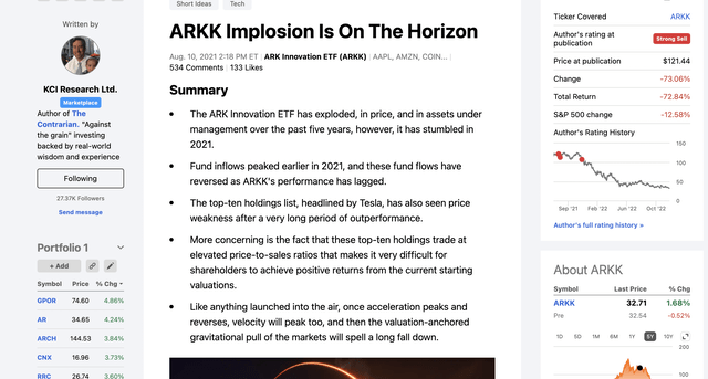 Snapshot of Author's August 10th, 2021 Article on the ARK Innovation ETF (<a href='https://seekingalpha.com/symbol/ARKK' _fcksavedurl='https://seekingalpha.com/symbol/ARKK' title='ARK Innovation ETF'>ARKK</a>).