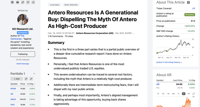 Snapshot of author's February 19th, 2020 article on Antero Resources.