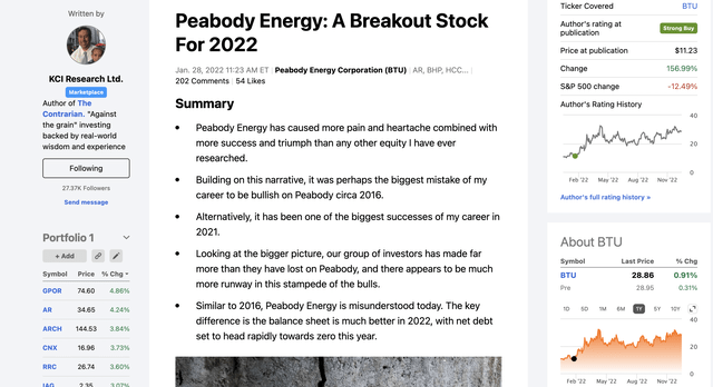 Snapshot of author's January 28th, 2022 article on Peabody Energy (<a href=